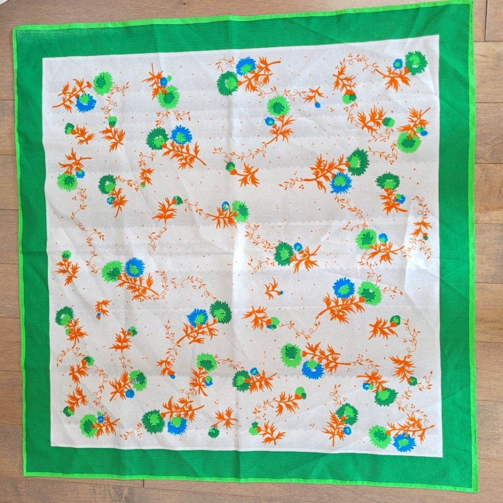 Vintage green orange and white Square bandana with Floral print